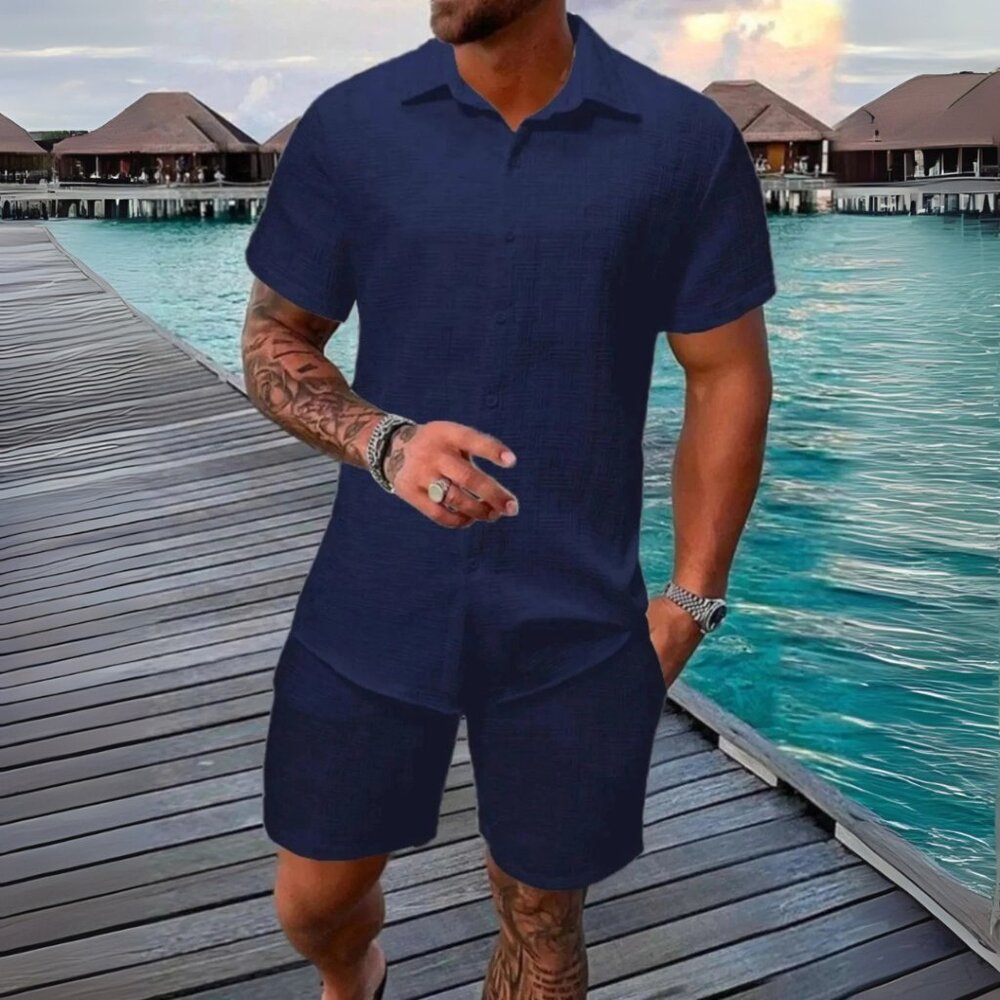 Men's Navy Collared Neck Short Sleeve Top & Shorts Resort Outfit